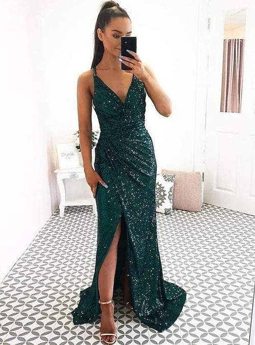 sheath column sleeveless spaghetti straps sweep brush train sequins dresses Sheath/Column Spaghetti Straps Sleeveless Sweep/Brush Train Dresses
