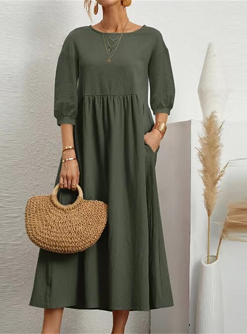Women's Midi Dress Shift Dress Cotton Linen Dresses Black Dress Casual Dress  Casual Daily Vacation Holiday Regular Fit Pure Color 3/4 Length Sleeve Crew  Neck Dark Green Dark Blue Summer Spring 2026 - 22.99
