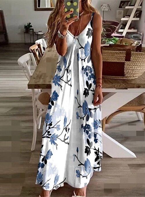 A-line dress - White/Blue floral - Ladies