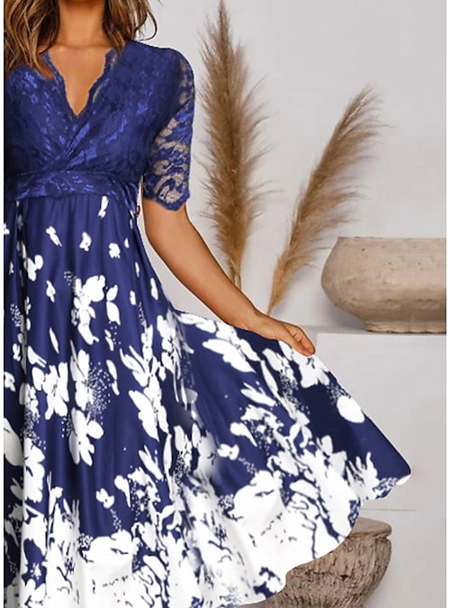 Mujer Vestido de Fiesta Vestido de encaje Vestido de una línea vestido largo vestido largo Azul Manga Corta Floral Encaje Primavera Verano Escote en Pico Casual 2023 S M L