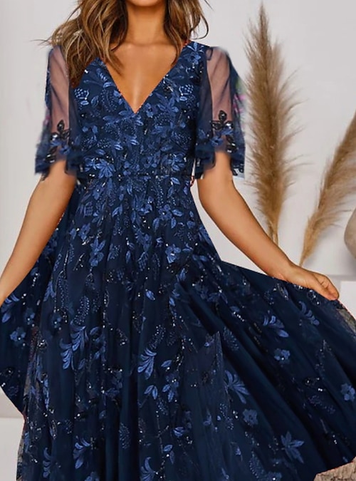 Women's Casual Dress Midi Dress Navy Blue Short Sleeve Floral Ruched Spring  Summer V Neck Elegant Wedding Guest 2023 S M L XL 2XL 3XL 2024 - $42.99