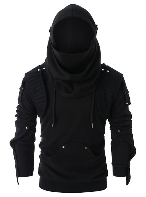 Men's Hoodie Tactical Black Hooded Letter Pocket Embroidery Fish
