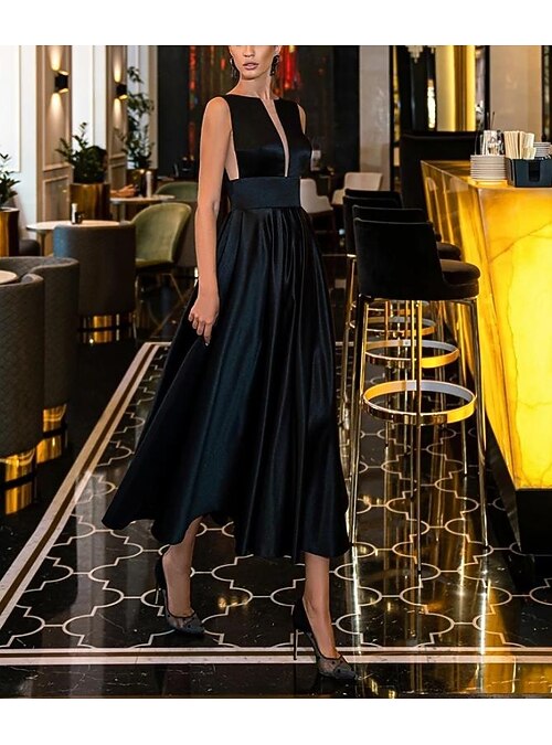 A-Line Evening Gown Cut Out Dress Engagement Wedding Party Sweep / Brush Train Sleeveless Jewel Neck Italy Satin Backless with Sleek Pure Color 2024 2025 - $109.99