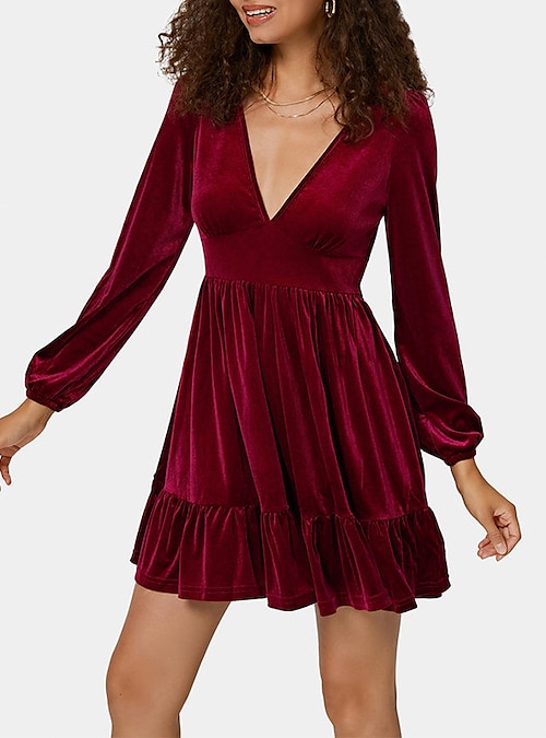 vestido de invitados de boda para mujer vestido de terciopelo vestido de  una línea mini vestido negro rosa rojo manga larga color puro fruncido  invierno otoño cuello en v elegante vestido de