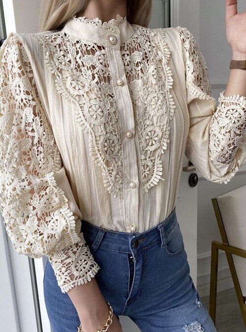 Weekday ELLA LACE - Button-down blouse - white dusty/beige 