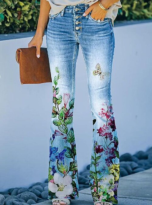 Women's Stretchy Floral Embroidered Bell Bottom Denim Jeans Retro Casual  Mid Waist Flare Bootcut Jeans for Women