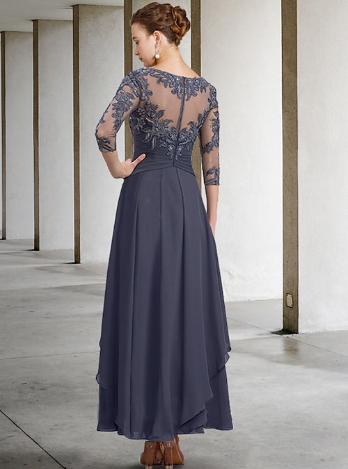 A-Line Ankle Length Party Dress Cocktail Dress Wedding Guest Dress Mother  of the Bride Dress 3/4 Length Sleeve Jewel Neck Elegant Plus Size Wedding  Guest Wedding Party Chiffon Lace with Ruched Sequin