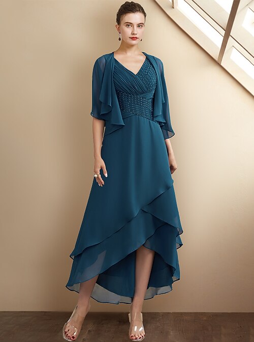 chinese dress ladies V-Neck Short Sleeve Chiffon Mother of The Bride A-Line Dress with Belt main image 0