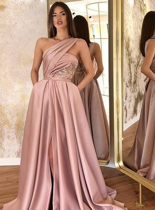 A-Line Evening Gown Celebrity Style Dress Formal Wedding Guest Floor Length  Sleeveless One Shoulder Satin with Ruched Slit 2024 2024 - $148.99