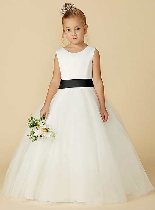A-Line Floor Length Flower Girl Dress First Communion Girls Cute Prom Dress  Satin with Sash / Ribbon Elegant Fit 3-16 Years dress to impress 2026 -  104.99