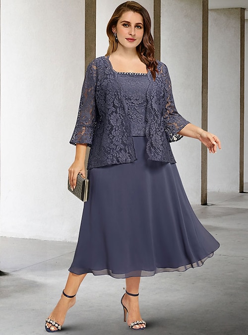 Two Piece A-Line Mother of the Bride Dresses Plus Size Hide Belly Curve  Elegant Dress Formal Tea Length Sleeveless Square Neck Chiffon with Beading  2023 2024 - $167.99