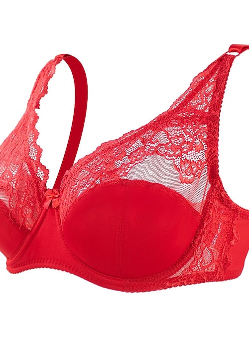 Women's Curve Plus Size Solid Color Pure Color Flower / Floral Lace  Lingerie Sexy V Neck Winter Fall Sheer Bras 3/4 Cup Black Dusty Rose Red Big  Size 85/38C 90/40C 95/42C 100/44C 2024 - $19.99