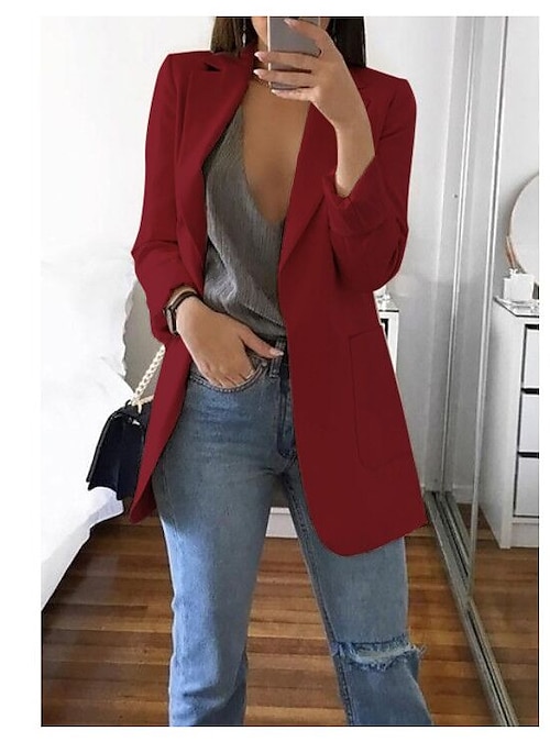 Women's Blazer Casual Jacket Formal Outdoor Office Work Breathable Open  Front Pocket Fashion Basic Classic Casual V Neck Regular Fit Solid Color  Outerwear Spring Fall Long Sleeve Wine Black White S M