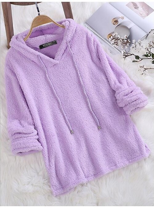 Women's Solid Color Teddy Sherpa Fleece Long Sleeve Hoodie Regular