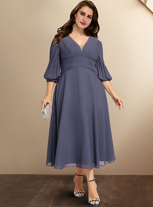 A-Line Mother of the Bride Dresses Plus Size Hide Belly Curve Elegant Dress  Formal Tea Length Half Sleeve V Neck Chiffon with Pleats Ruched Fall 2023  2026 - $129.99