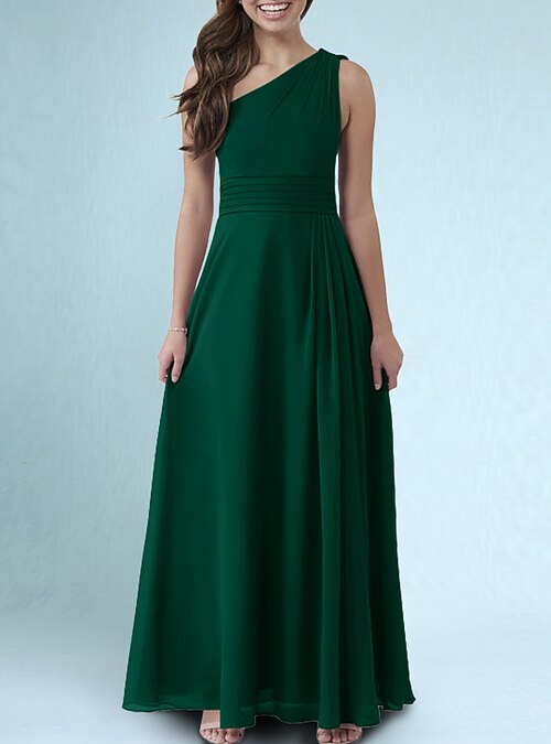 A-Line Floor Length One Shoulder Chiffon Junior Bridesmaid Dresses&Gowns  With Ruching Green Kids Wedding Guest Dress 4-16 Year 2026 - $64.99