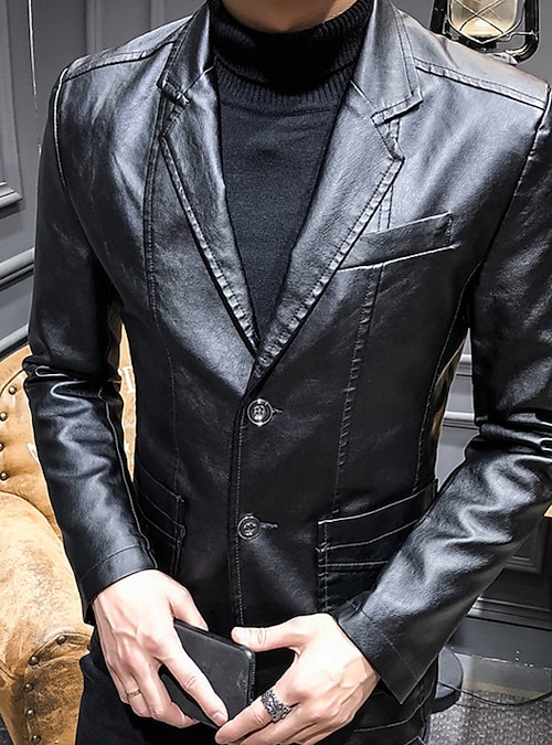 Men's Faux Leather Jacket Blazer Office Career Daily Wear Warm