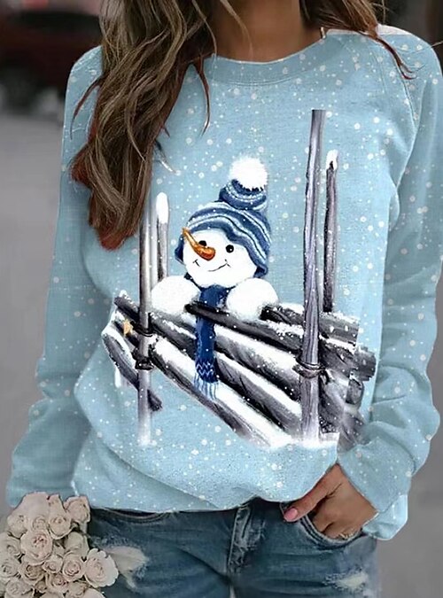 Damen Sweatshirt Pullover Weihnachts Brautkleider Blau Langarm Casual 2024 Weihnachten Winter Schneemann schlicht Weihnachten Rundhalsausschnitt -Sweatshirt Mikro-elastisch Schneeflocke Herbst