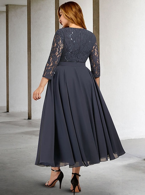 A-Line Mother of the Bride Dresses Plus Size Hide Belly Curve Elegant Dress  Formal Tea Length 3/4 Length Sleeve Jewel Neck Chiffon with Pleats 2023