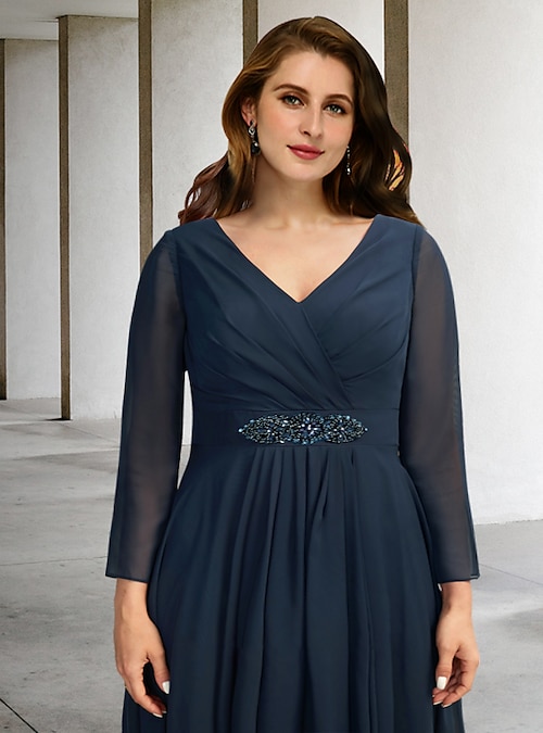 A-Line Mother of the Bride Dresses Plus Size Hide Belly Curve Elegant Dress  Formal Asymmetrical Long Sleeve V Neck Chiffon with Pleats Crystals 2023  2024 - $155.99