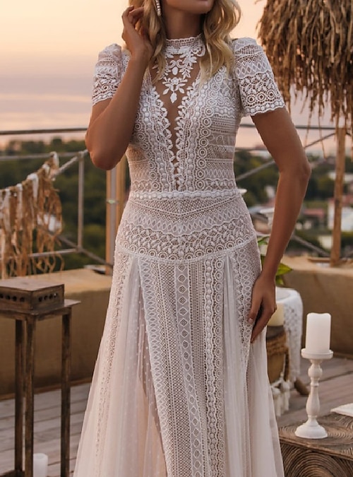 Beach Boho Wedding Dresses A-Line Illusion Neck Short Sleeve Court