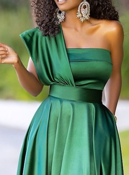 A-Line Cocktail Dresses Elegant Dress Wedding Guest Party Wear Ankle Length Sleeveless One Shoulder Charmeuse with Pleats 2024 2026 - $109.99 A-Line Cocktail Dresses Elegant Dress Wedding Guest Party Wear Ankle Length Sleeveless One Shoulder Charmeuse with Pleats 2024 2026 - $109.99