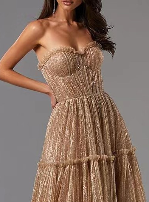 A-Line Gold Evening Gown Glittering Dress Formal Wedding Guest Floor Length  Sleeveless Strapless Tulle with Pleats Masquerade Dress 2026 - $220.99