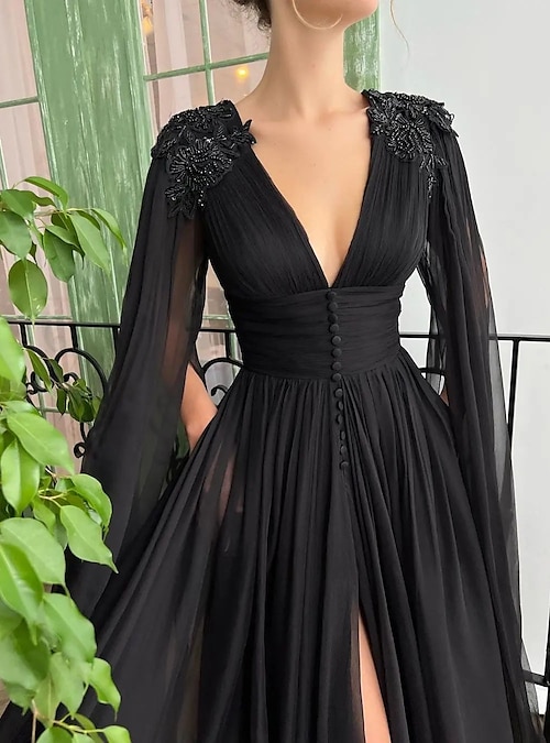 ACATAY Women's Black Formal Church Dresses V Neck Lace Long Sleeve