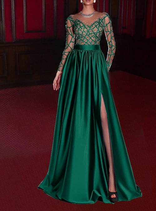 A-Line Evening Gown Sparkle & Shine Dress Engagement Birthday Floor Length  Long Sleeve V Neck Charmeuse with Rhinestone Appliques 2024 2026 - $167.99
