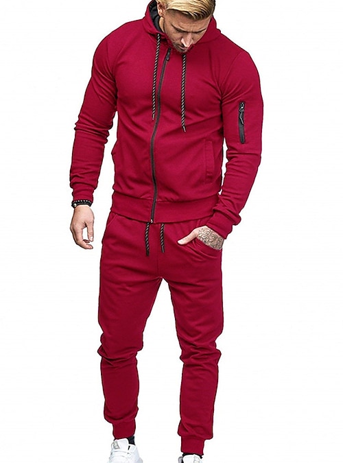 Men's Tracksuit Sweatsuit Full Zip Hoodie Jogging Suits Black Wine