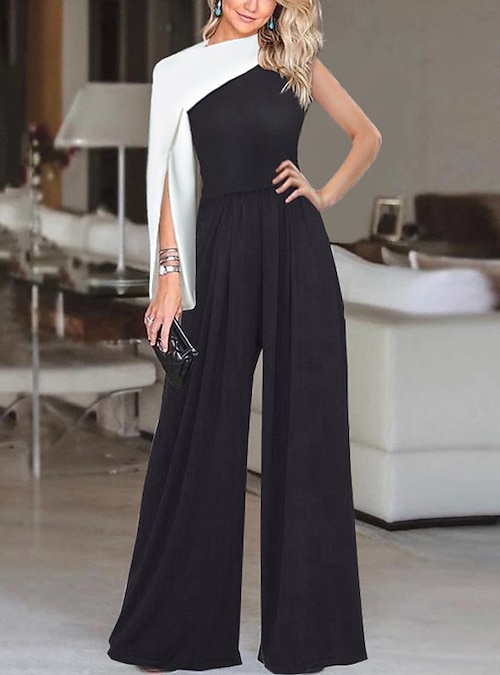 Jumpsuits Evening Gown Casual Dress Wedding Guest Party Wear Floor Length  Long Sleeve One Shoulder Stretch Fabric with Pleats 2024 2024 - $140.99