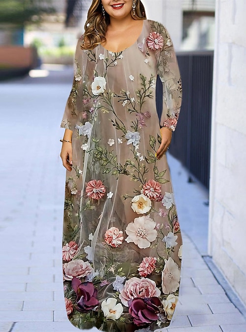 Women's Plus Size Curve Casual Dress Floral V Neck Long Sleeve Fall Spring  Elegant Casual Maxi long Dress Outdoor Daily Dress 2026