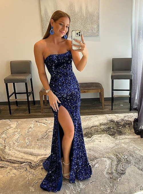 Mermaid / Trumpet Party Dresses Sparkle & Shine Dress Wedding Guest Formal  Evening Sweep / Brush Train Sleeveless Strapless Sequined with Slit 2024  2024 - $142.99