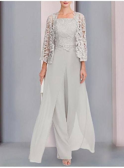 Jumpsuit / Pantsuit Mother of the Bride Dress Formal Wedding Guest Elegant  Wrap Included Square Neck Floor Length Chiffon Lace Sleeveless Wrap  Included with Appliques 2024 2024 - $119.99