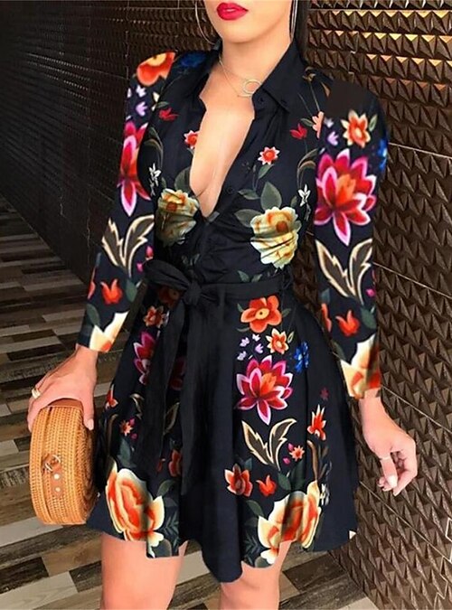 Women's Work Dress Sheath Dress Semi Formal Dress Fashion Mini Dress Button  Print Shirt Collar Long Sleeve Leaf Floral Regular Fit Black White Blue Spring  Summer S M L XL XXL 2024 - $24.99