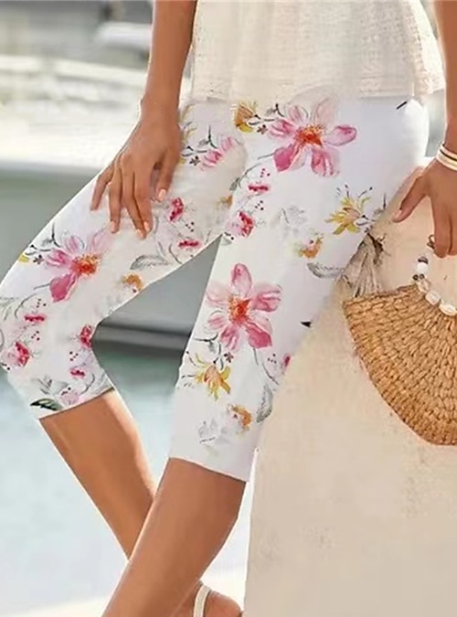 Women's Leggings Capri shorts White Pink Purple Fashion Holiday Weekend Calf -Length Comfort Floral S M L XL 2XL 2024 - $17.99