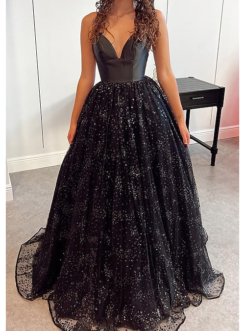 Shiny Sequins A Line V Neck Open Back Black Long Prom Dress