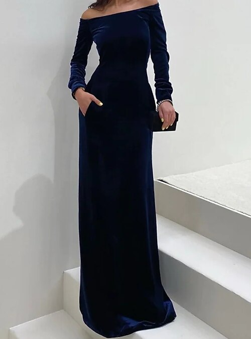 Sheath / Column Wedding Guest Dresses Elegant Dress Formal Black Tie Gala Floor Length Long Sleeve Off Shoulder Velvet with Pure Color 2024 2026 - $96.99 Sheath / Column Wedding Guest Dresses Elegant Dress Formal Black Tie Gala Floor Length Long Sleeve Off Shoulder Velvet with Pure Color 2024 2026 - $96.99