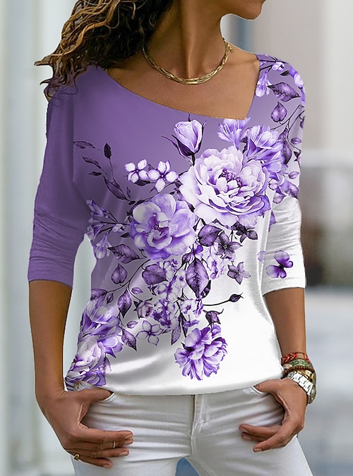 Women's Long Sleeve Tops Printed Floral T-shirt Purple Flower