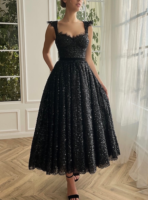 A-Line Prom Black Dress Vintage Dress Masquerade Party Wear Ankle Length  Sleeveless Strapless Wednesday Addams Family Lace with Glitter Sequin 2024  2026 - $138.99