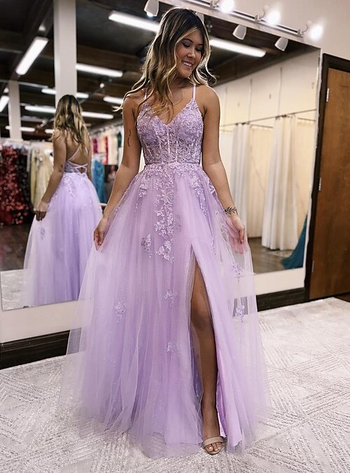 A-Line Evening Gown Open Back Dress Formal Prom Floor Length Sleeveless V  Neck Tulle Backless with Beading Slit Appliques 2024 2026 - $181.99