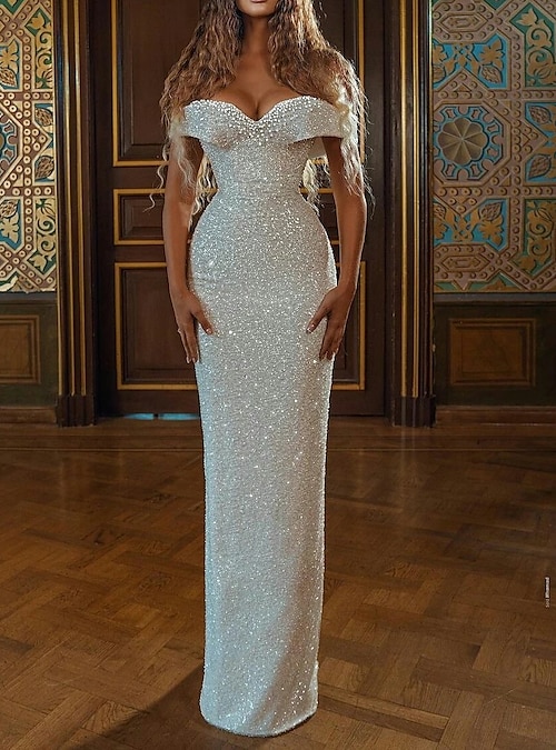 Engagement Fall Wedding Dresses Glitter & Sparkle Sheath / Column Off  Shoulder Cap Sleeve Floor Length Sequined Bridal Gowns With Solid Color  Summer Wedding Party 2023, Women's Clothing 2026 - $289.99