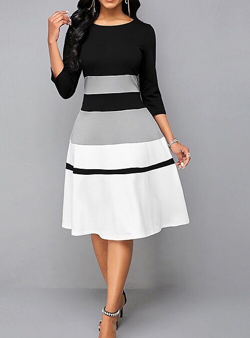 High Waist Color Block Three Quarter Sleeve Dress