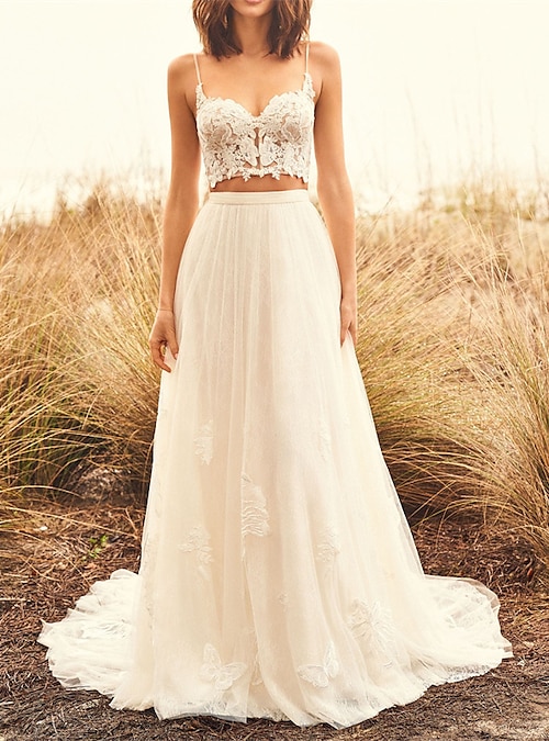 beach boho two piece wedding dress Lace Two Piece Wedding Dress Beach Bridal Separates with Sleeve – jkprom main image 0