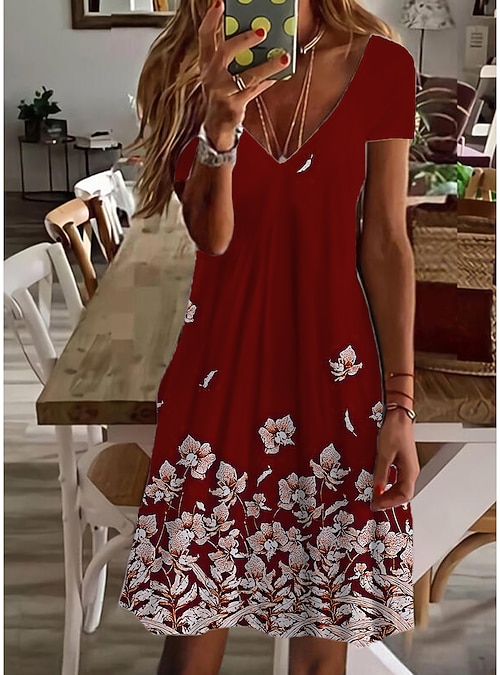 Women's Mini Dress Petite Dress T Shirt Dress Tee Dress Sundress A Line  Dress Cute Outdoor Vacation Birthday Regular Fit Floral Short Sleeve V Neck  Black White Pink Wine Summer 2025 - $23.99