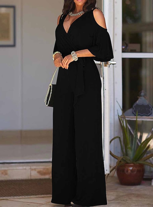 Black Jumpsuit for Women Dressy Plus Size Solid Color Rompers V