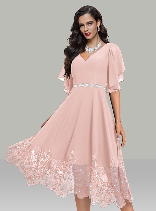 Pink Sequin Bridal Reception Dresses With Beads Elegant V-Neck Tea