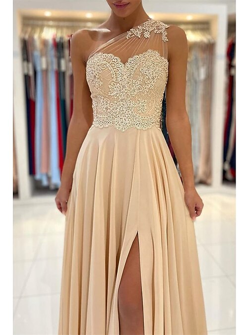 A-Line Gold Prom Dresses Sexy Dress Formal Wedding Guest Court Train  Sleeveless One Shoulder Chiffon with Slit Appliques Masquerade Dress 2026 -  $179.99