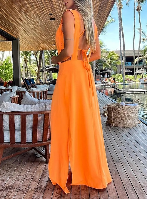 sachin and babi light blue dress Women's Long Dress Maxi Dress Party Dress Casual Dress Summer Dress Pure  Color Streetwear Casual Outdoor Daily Holiday Split Sleeveless V Neck Dress  Slim Yellow Orange Green Summer Spring S M L