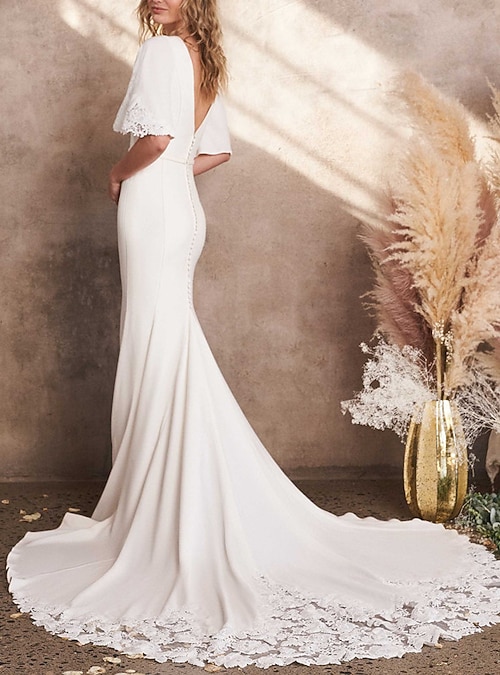 Hall Casual Wedding Dresses Mermaid / Trumpet V Neck Half Sleeve Court  Train Stretch Fabric Bridal Gowns With Solid Color 2023 2026 - $197.99